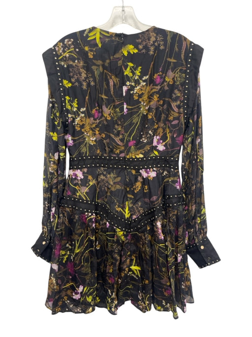Karen Millen Size 8 Black & Multi Cotton & Silk Long Sleeve Studs Floral Dress Black & Multi / 8