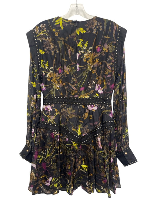 Karen Millen Size 8 Black & Multi Cotton & Silk Long Sleeve Studs Floral Dress Black & Multi / 8