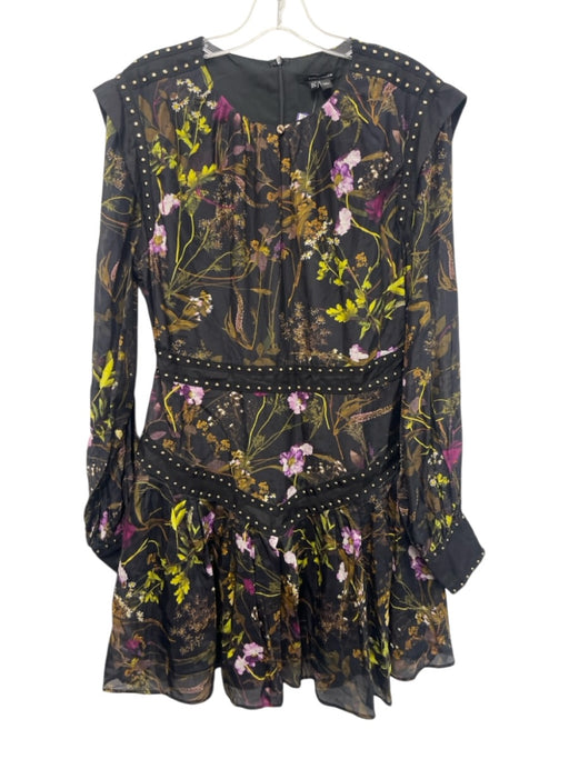Karen Millen Size 8 Black & Multi Cotton & Silk Long Sleeve Studs Floral Dress Black & Multi / 8