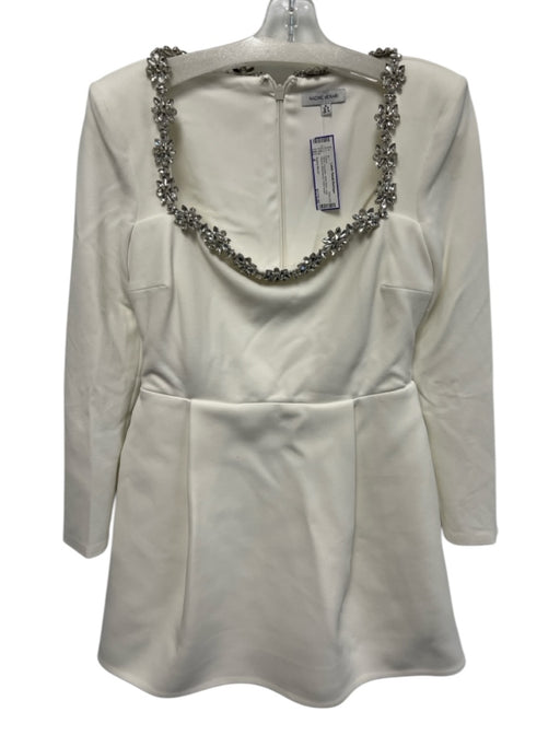 Nadine Merabi Size 8 White Polyester Wide Neck Long Sleeve Rhinestones Dress White / 8