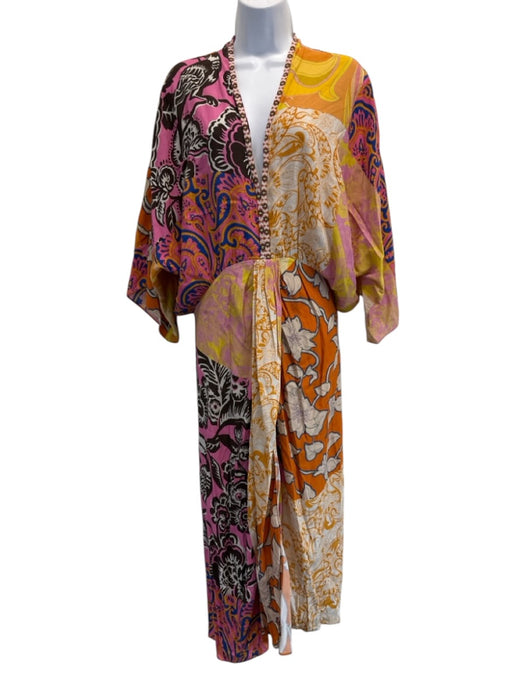 Zara Size M Purple, Yellow, Multi All Over Print Beaded 3/4 Sleeve Midi Dress Purple, Yellow, Multi / M