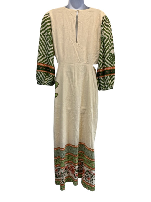 Farm Size M Beige, Green, Orange Linen & Viscose 3/4 Sleeve Maxi Cut Outs Dress Beige, Green, Orange / M