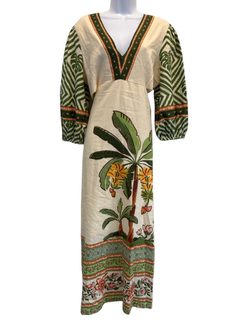 Farm Size M Beige, Green, Orange Linen & Viscose 3/4 Sleeve Maxi Cut Outs Dress Beige, Green, Orange / M