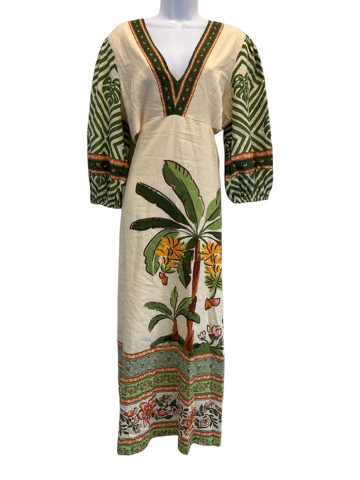 Farm Size M Beige, Green, Orange Linen & Viscose 3/4 Sleeve Maxi Cut Outs Dress Beige, Green, Orange / M