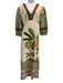 Farm Size M Beige, Green, Orange Linen & Viscose 3/4 Sleeve Maxi Cut Outs Dress Beige, Green, Orange / M