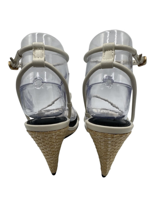 Reiss Shoe Size 37 White, Tan, Black Leather & Straw Wedge Square Toe Sandals White, Tan, Black / 37