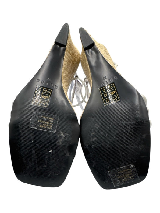 Reiss Shoe Size 37 White, Tan, Black Leather & Straw Wedge Square Toe Sandals White, Tan, Black / 37