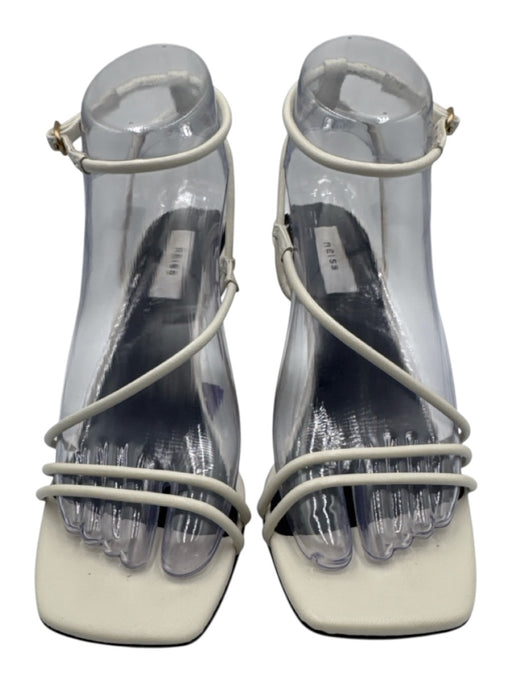 Reiss Shoe Size 37 White, Tan, Black Leather & Straw Wedge Square Toe Sandals White, Tan, Black / 37