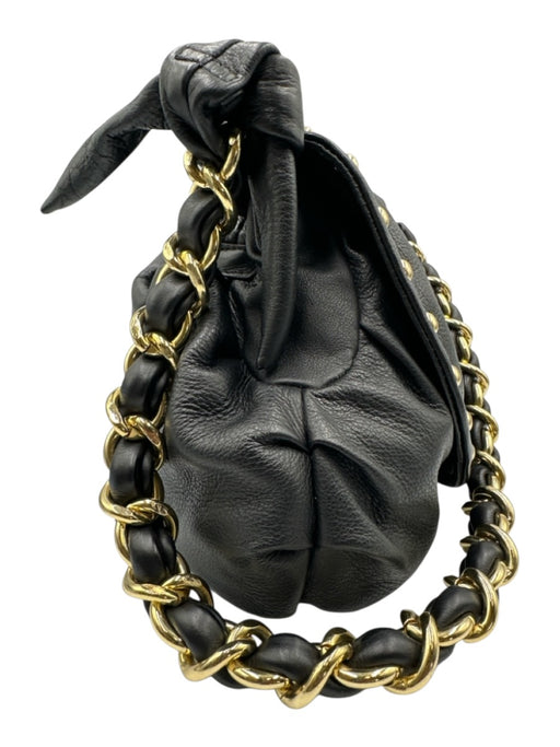 Halston Heritage Black & Gold Leather Studs Magnetic Flap Shoulder Strap Bag Black & Gold / M
