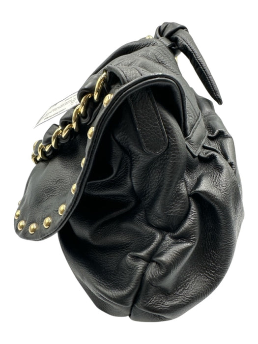 Halston Heritage Black & Gold Leather Studs Magnetic Flap Shoulder Strap Bag Black & Gold / M