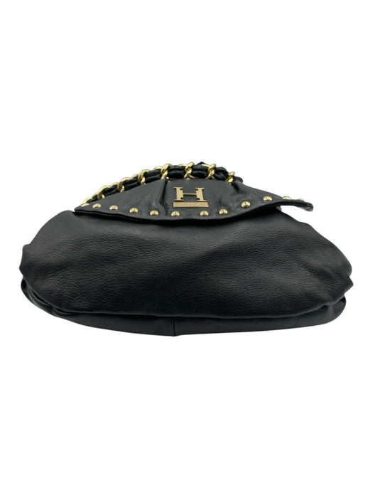 Halston Heritage Black & Gold Leather Studs Magnetic Flap Shoulder Strap Bag Black & Gold / M