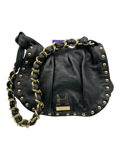 Halston Heritage Black & Gold Leather Studs Magnetic Flap Shoulder Strap Bag Black & Gold / M