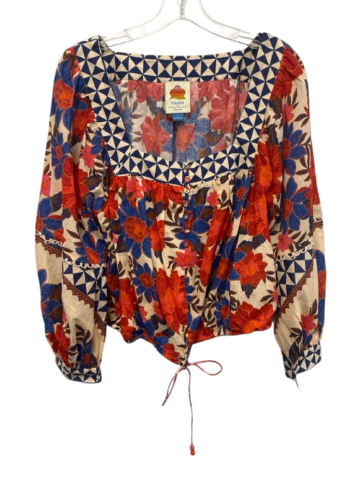 Farm Rio Size M White, Red, Blue Cotton Long Sleeve Buttons All Over Print Top White, Red, Blue / M