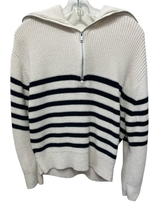 COS Size S Cream & Navy Wool & Cotton Rib Knit 1/4 Zip Horizontal Stripe Sweater Cream & Navy / S