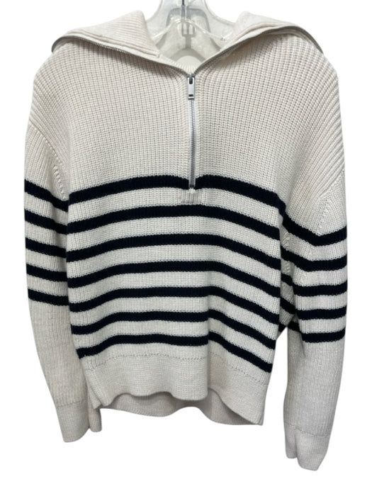 COS Size S Cream & Navy Wool & Cotton Rib Knit 1/4 Zip Horizontal Stripe Sweater Cream & Navy / S
