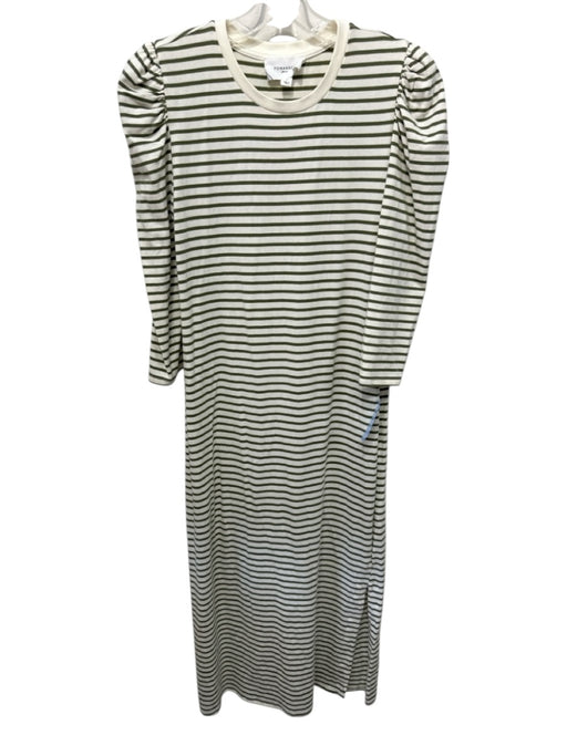 Pomander Place Size M Cream & Green Cotton Blend Long Sleeve Puff Shoulder Dress Cream & Green / M