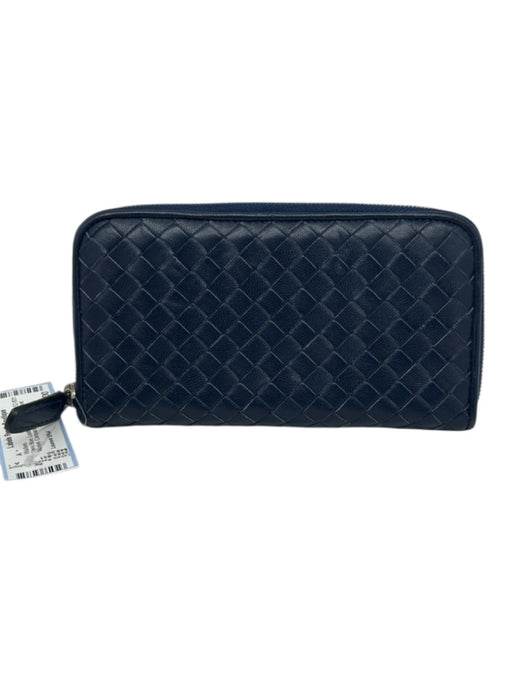 Laurent Effel Navy Blue Leather Zip Close Basket Weave Compartments Wallets Navy Blue