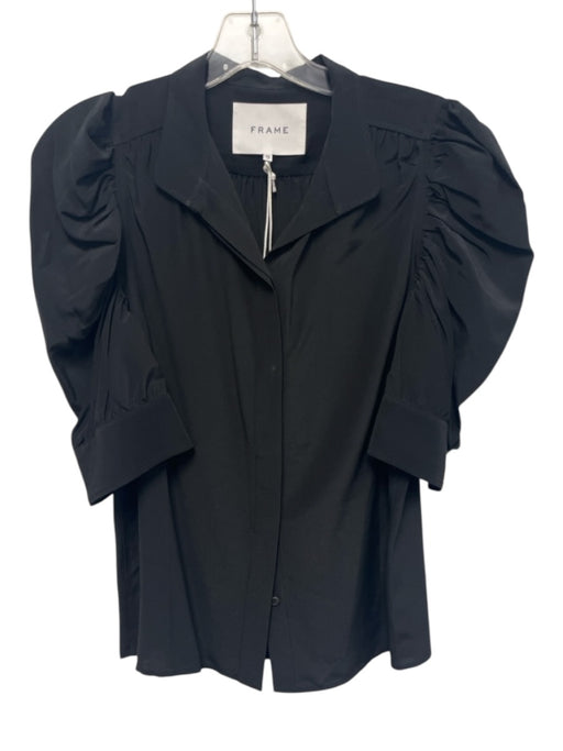 Frame Size XS Black Silk Short Puff Sleeve Button Front Collar Top Black / XS