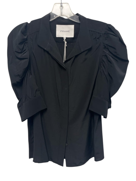 Frame Size XS Black Silk Short Puff Sleeve Button Front Collar Top Black / XS