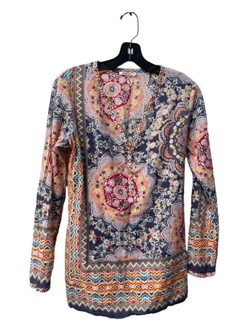 Johnny Was Size XS Multi Cotton Long Sleeve V Neck Paisley 3/4 Button Top Multi / XS