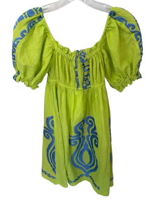NEMA Resort Wear Size S Green & Blue Cotton Blend Short Balloon Sleeve Dress Green & Blue / S
