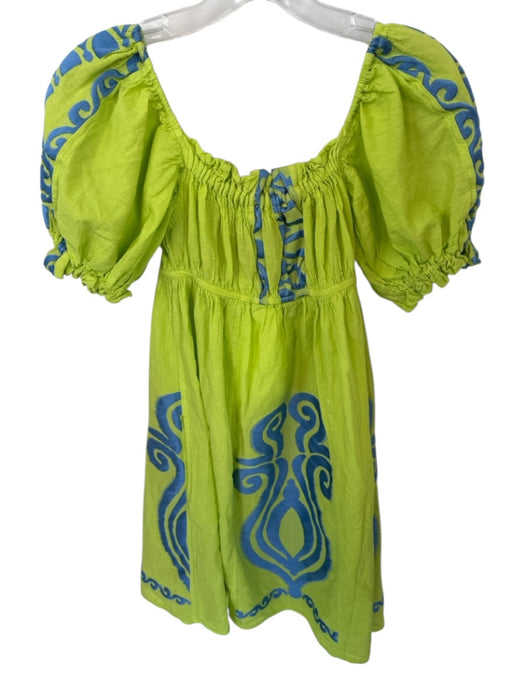 NEMA Resort Wear Size S Green & Blue Cotton Blend Short Balloon Sleeve Dress Green & Blue / S