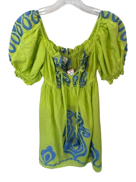 NEMA Resort Wear Size S Green & Blue Cotton Blend Short Balloon Sleeve Dress Green & Blue / S