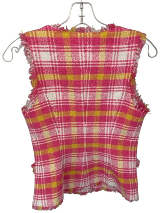 Trina Turk Size 0 Pink & Yellow Cotton & Linen Sleeveless Plaid Fringe Top Pink & Yellow / 0