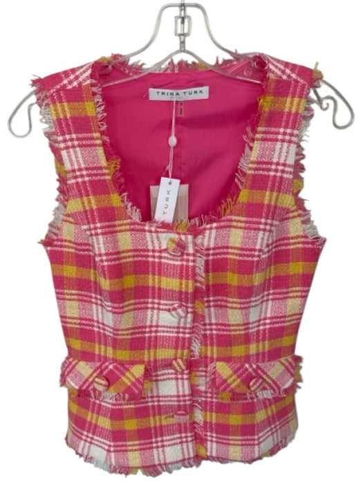Trina Turk Size 0 Pink & Yellow Cotton & Linen Sleeveless Plaid Fringe Top Pink & Yellow / 0