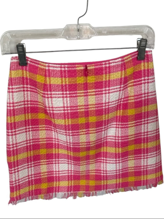 Trina Turk Size 00 Pink & Yellow Cotton & Linen Back Zip Plaid Fringe Mini Skirt Pink & Yellow / 00
