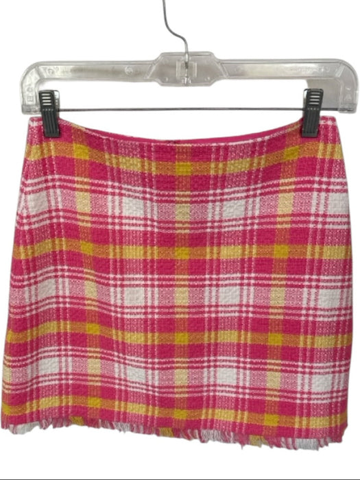Trina Turk Size 00 Pink & Yellow Cotton & Linen Back Zip Plaid Fringe Mini Skirt Pink & Yellow / 00