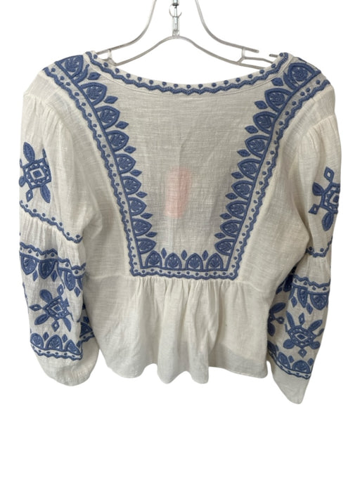 Scarlett Poppies Size XS White & Blue Cotton Long Balloon Sleeve Embroidered Top White & Blue / XS