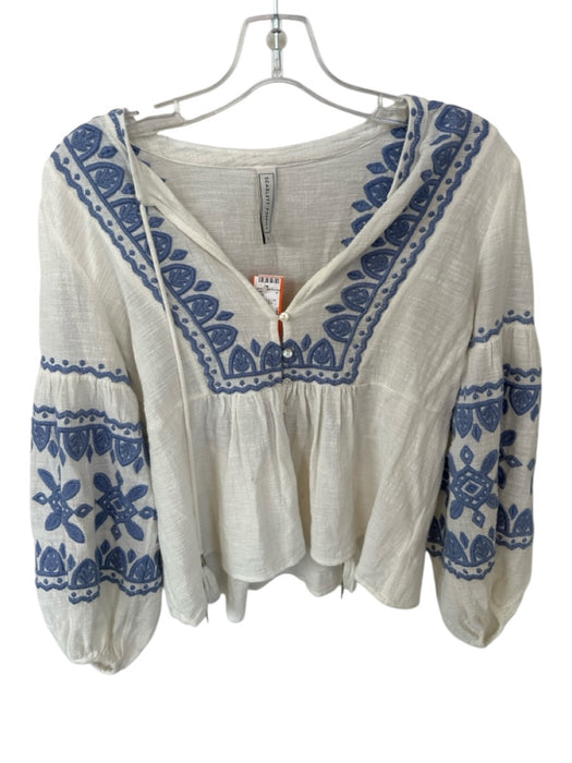 Scarlett Poppies Size XS White & Blue Cotton Long Balloon Sleeve Embroidered Top White & Blue / XS