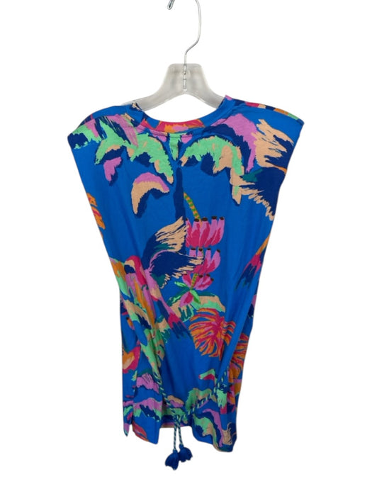 Farm Rio Size XXS Blue & Multi Cotton Shoulder Pads Tropical Rope belt Dress Blue & Multi / XXS