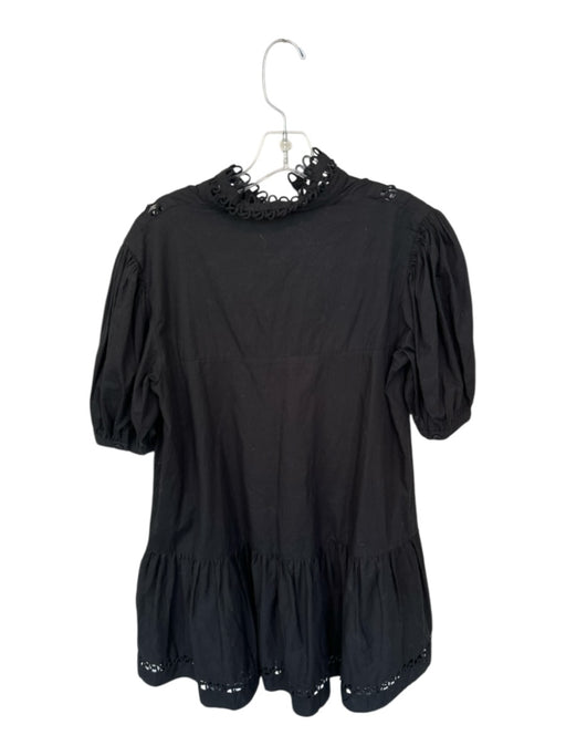 LaRoque Size XS Black Cotton Short Balloon Sleeve Lace Trim V Neck Dress Black / XS