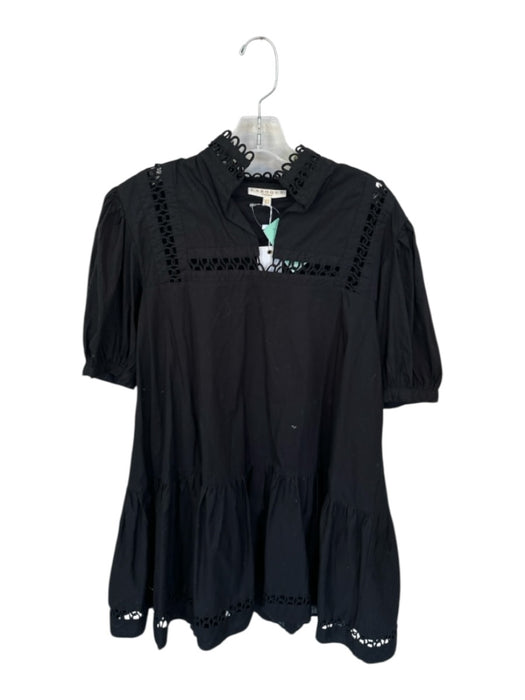 LaRoque Size XS Black Cotton Short Balloon Sleeve Lace Trim V Neck Dress Black / XS