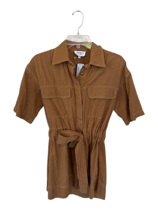 Omika Size XS Brown Cotton Short Sleeve Stitching Drawstring Waist Dress Brown / XS