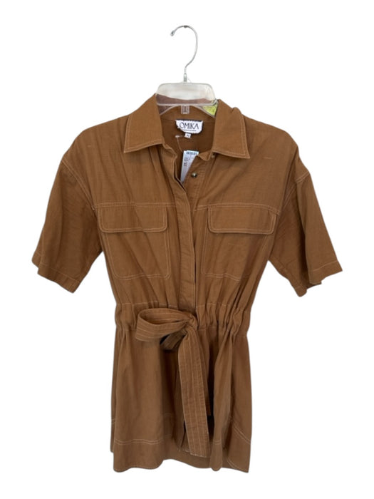 Omika Size XS Brown Cotton Short Sleeve Stitching Drawstring Waist Dress Brown / XS