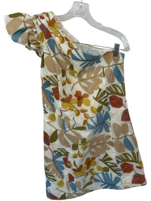 Greylin Size XS Cream & Blue Cotton One Shoulder Embroidered Flowers Dress Cream & Blue / XS