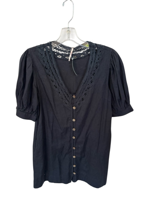 Free People Size XS Black Cotton Short Sleeve Lace Detail Buttons Mini Dress Black / XS