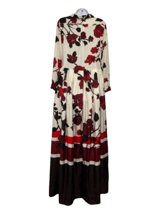 Sara Roka Size 44 White, Red, Black Silk Long Sleeve Floral Button Front Dress White, Red, Black / 44