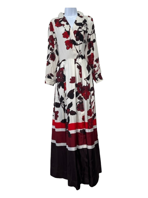 Sara Roka Size 44 White, Red, Black Silk Long Sleeve Floral Button Front Dress White, Red, Black / 44