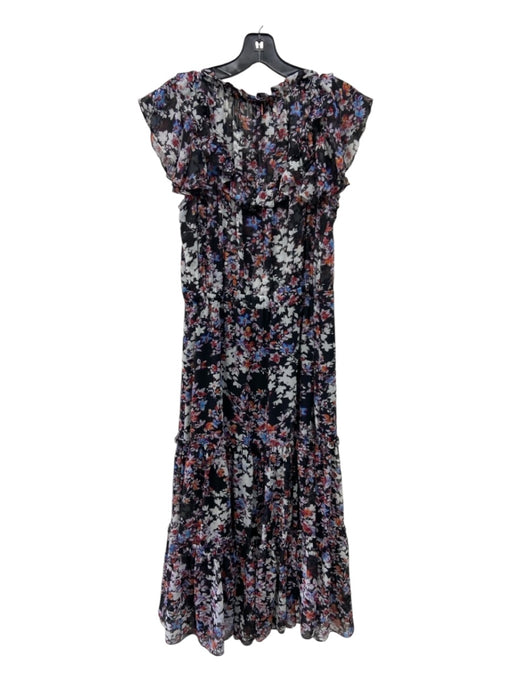 Misa Size M Black & Multi Silk Floral Maxi Ruffle Cap Sleeve Tie V Neck Dress Black & Multi / M