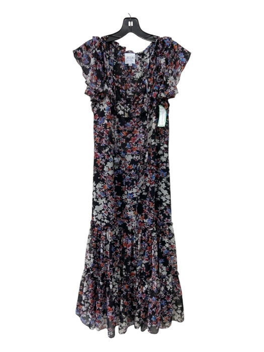 Misa Size M Black & Multi Silk Floral Maxi Ruffle Cap Sleeve Tie V Neck Dress Black & Multi / M