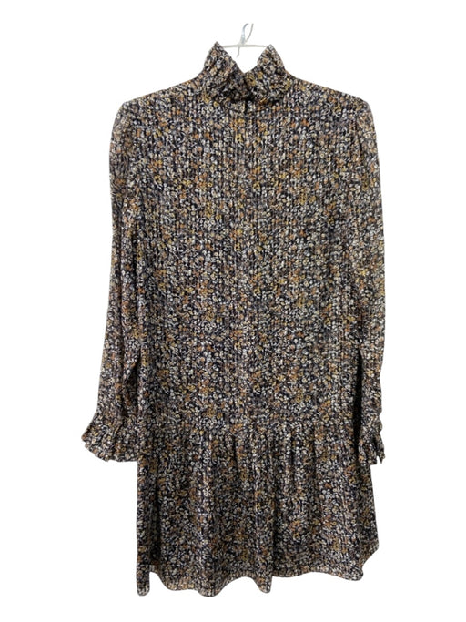 Celine Size 40 Black & Brown Print Silk Floral Metallic Thread Long Sleeve Dress Black & Brown Print / 40