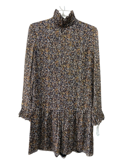 Celine Size 40 Black & Brown Print Silk Floral Metallic Thread Long Sleeve Dress Black & Brown Print / 40