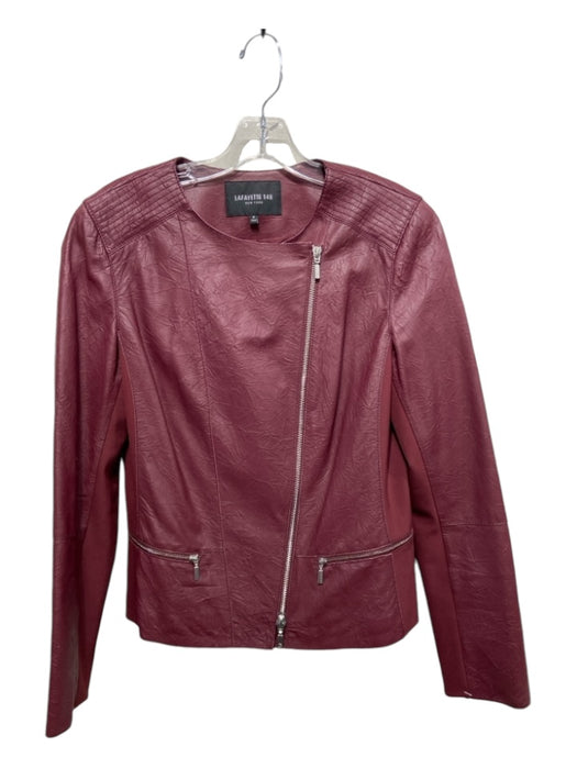 Lafayette 148 Size 6 Burgundy Red Leather Contrast Stitching Zip Moto Jacket Burgundy Red / 6