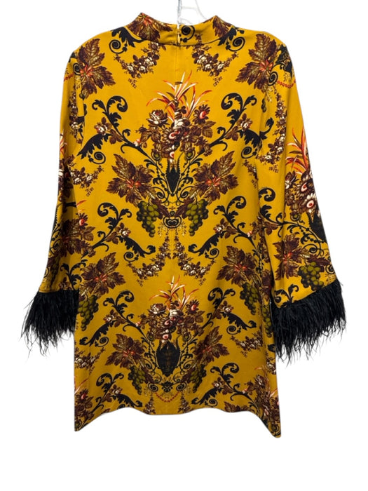 Cara Cara Size M Gold, Black, Multi Viscose Long Sleeve Feather Hem Dress Gold, Black, Multi / M