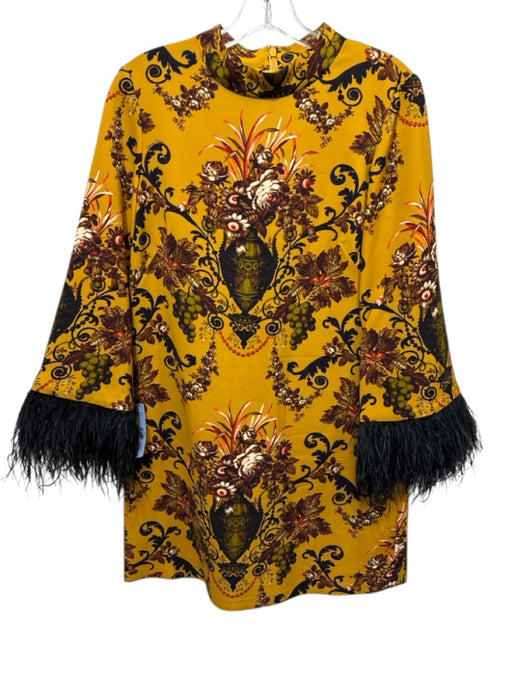 Cara Cara Size M Gold, Black, Multi Viscose Long Sleeve Feather Hem Dress Gold, Black, Multi / M
