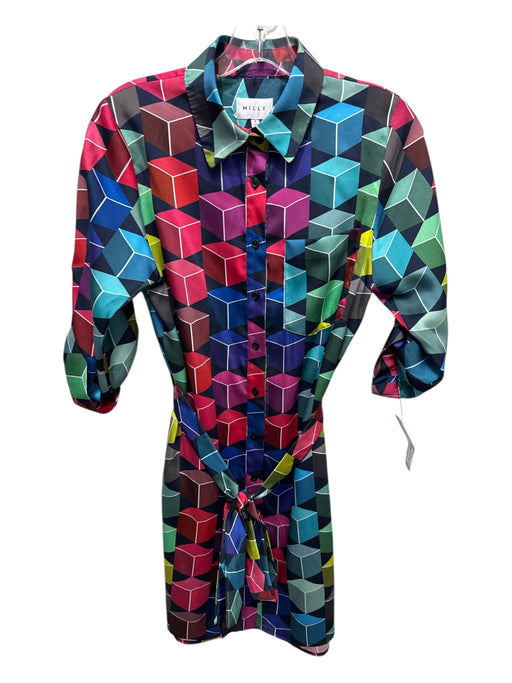 Milly Size P Blue, Red, Multi Polyester Satin 3/4 Sleeve Geometric Print Dress Blue, Red, Multi / P
